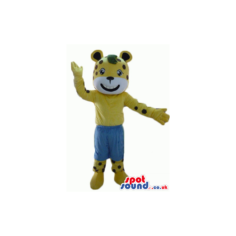 Mascot costume of a cheetah wearing blue shorts - Custom Mascots