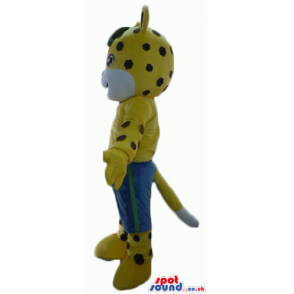 Mascot costume of a cheetah wearing blue shorts - Custom Mascots