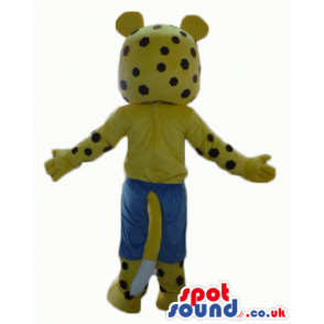 Mascot costume of a cheetah wearing blue shorts - Custom Mascots