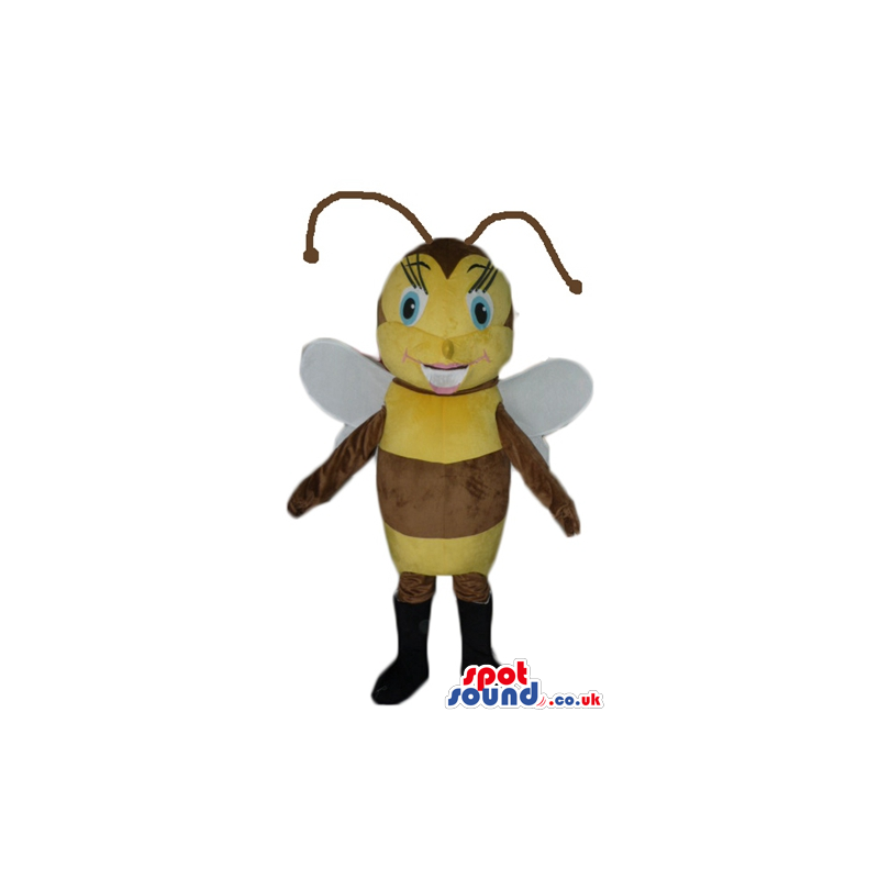 Smiling female bee with big blue eyes wearing black boots -