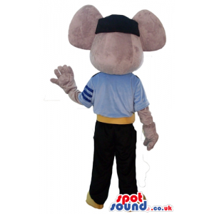 Beige mouse dressed as a pilot with black trousers, blue shirt