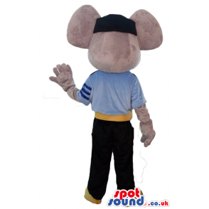 Beige mouse dressed as a pilot with black trousers, blue shirt