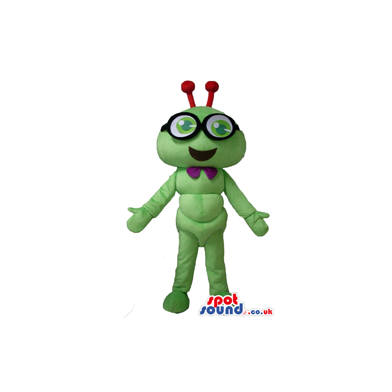 Smiling green bug with red antennae wearing glasses and a