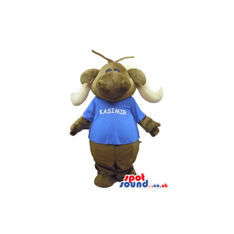 Brown elephant wearing big white earrings and a blue shirt with