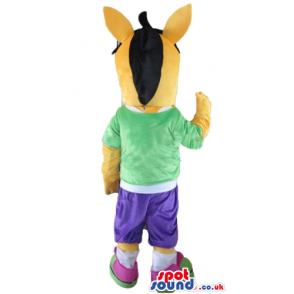 Orange horse with black hair wearing a green t-shirt, purple