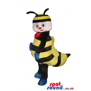 Bee with a striped black and yellow cap wearing blue gloves and