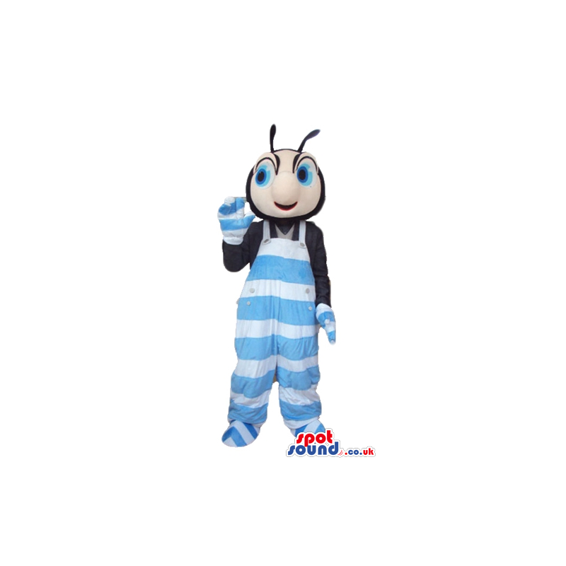 Bug wearing a black shirt and striped light-blue and white