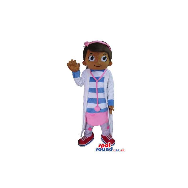 Dr mc stuffins wearing a pink skirt, a striped tshirt, a white