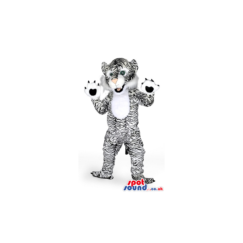 Tiger Plush Mascot With Black Stripes On White And Big Paws -