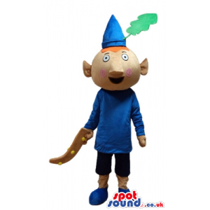 Elf with triangular ears wearing a blue shirt, blacke trousers