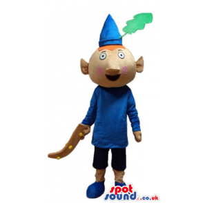 Elf with triangular ears wearing a blue shirt, blacke trousers