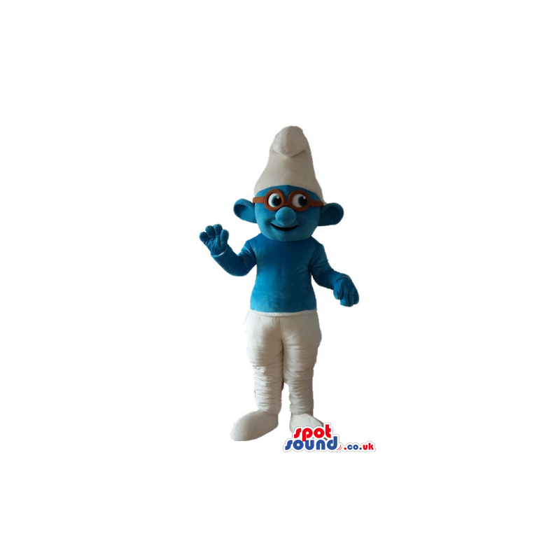 Smiling smurf wearing white trousers and a white hat and brown