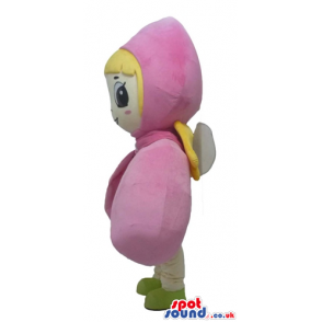 Blonde girl with big eyes and pink wings wearing a pink hood