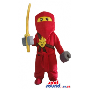 Ninja lego man wearing a red suit and holding a yellow sword -