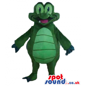 Smiling green alligator with popping eyes, an open mouth and