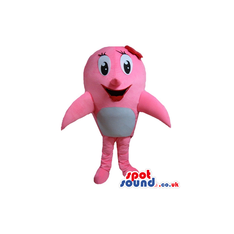 Smiling pink and grey whale with big eyes and a red bow on the