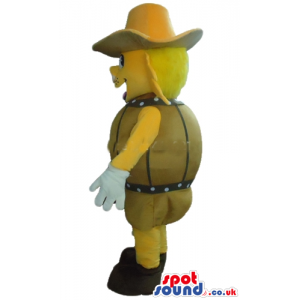 Yellow pig wearing a yellow hat, a brown jacket and brown shoes