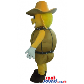 Yellow pig wearing a yellow hat, a brown jacket and brown shoes