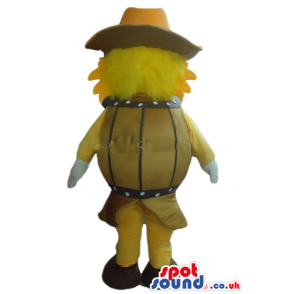 Yellow pig wearing a yellow hat, a brown jacket and brown shoes