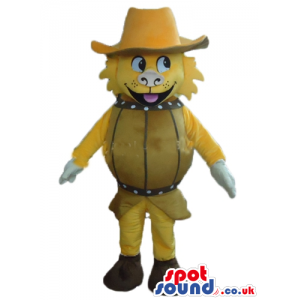 Yellow pig wearing a yellow hat, a brown jacket and brown shoes