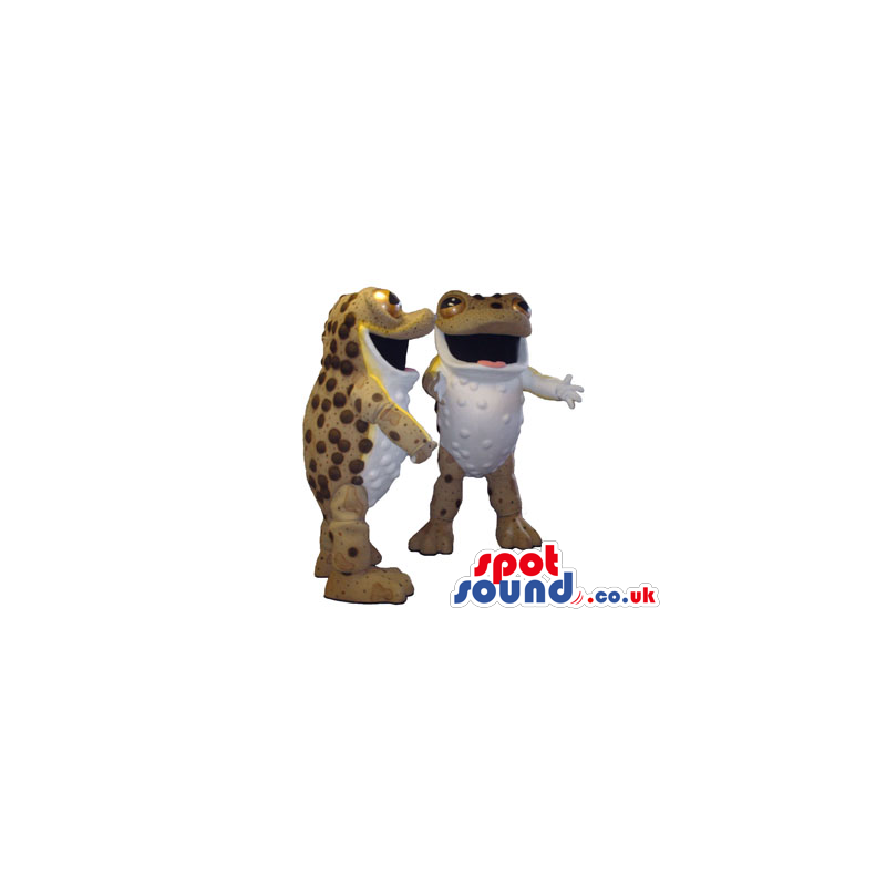 A Couple Of Frog Animal Mascots In White And Brown With Spots -