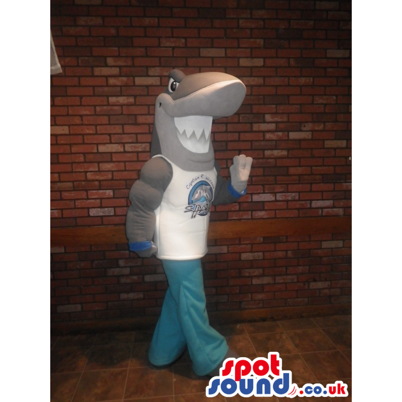 Shark Mascot With Strong Muscles Wearing Sports Clothes -