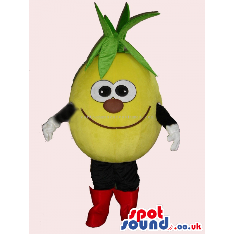 Funny Lemon Fruit Mascot With Leaves Red Nose And Boots