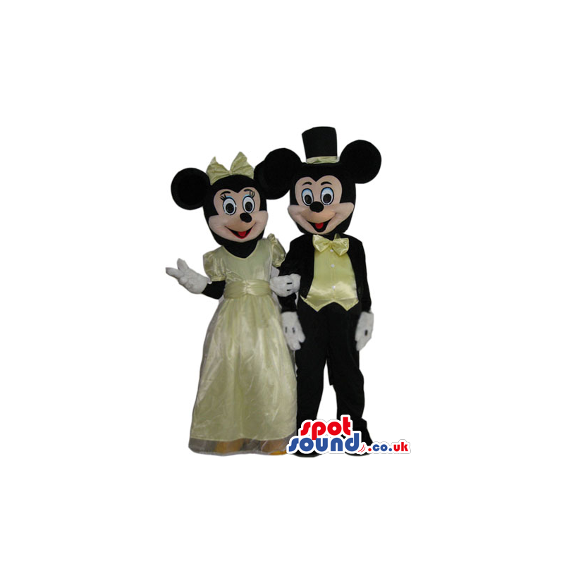 Mickey And Minnie Mouse Mascots With Elegant Yellow Clothes -