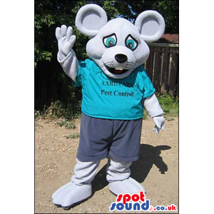 Grey Mouse Plush Mascot Wearing A Blue T-Shirt With Text -