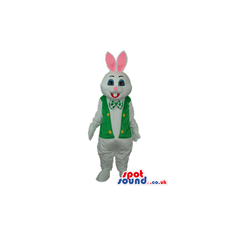 White Rabbit Mascot With Pink Ears Wearing A Green Vest -