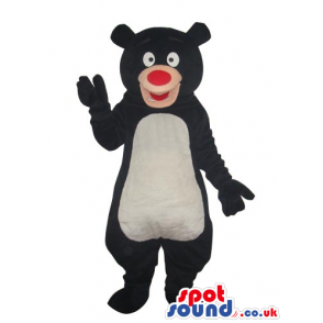 Cartoon Black Bear Plush Mascot With A White Belly And Red Nose