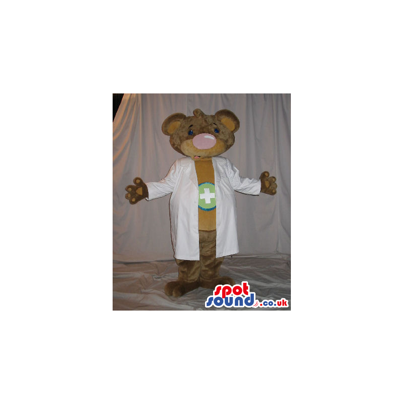 Brown Bear Plush Mascot Wearing Doctor Garments With A Cross -