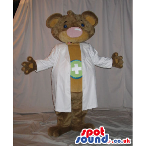 Brown Bear Plush Mascot Wearing Doctor Garments With A Cross -