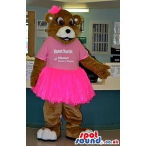 Brown teddy bear mascot welcoming you form his hands - Custom