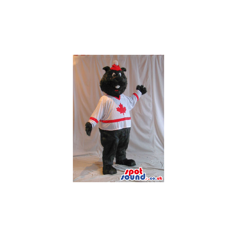 Black Bear Plush Mascot Wearing A T-Shirt With A Maple Lea -