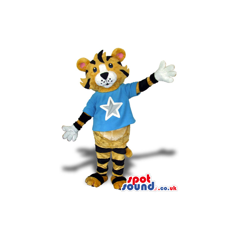 Tiger Animal Plush Mascot Wearing A Blue T-Shirt With A -