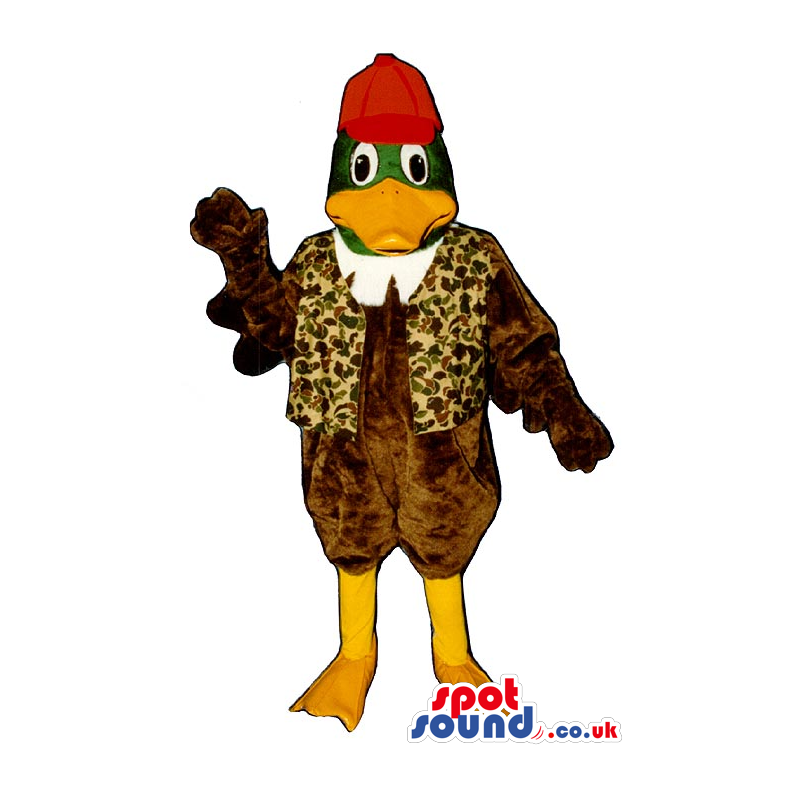 Brown Duck Plush Mascot Wearing A Pattern Vest And A Red Cap -