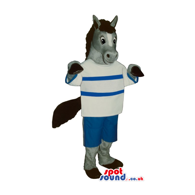 Grey Donkey Animal Plush Mascot With A Striped T-Shirt - Custom