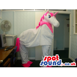 White And Pink Unicorn Fantasy Mascot On All-Fours - Custom