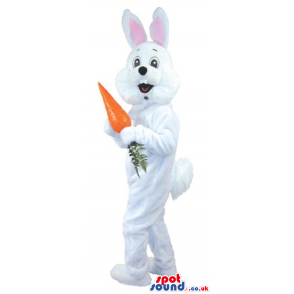 Customizable White Rabbit Plush Mascot With A Big Carrot -