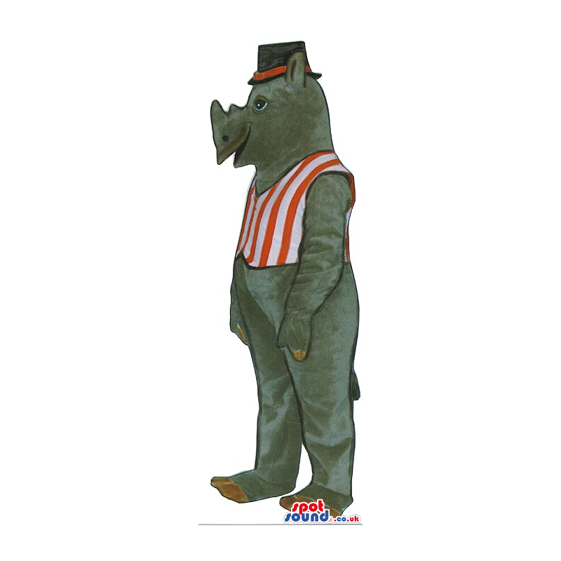 Grey Rhinocerus Plush Mascot In A Striped Vest And A Hat -