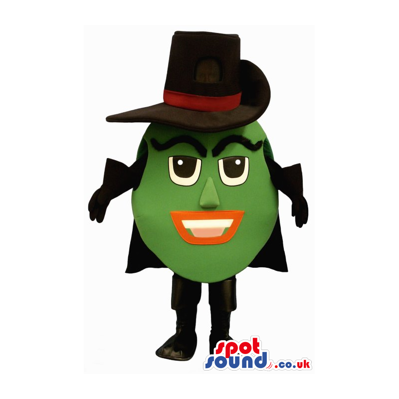 Customizable Mysterious Green Round Mascot Wearing A Hat -