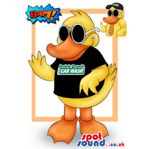 Duck Animal Mascot Drawing Wearing A Black T-Shirt With Logo -