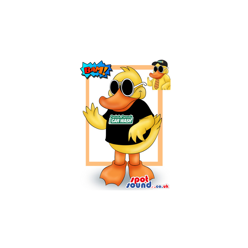 Duck Animal Mascot Drawing Wearing A Black T-Shirt With Logo -