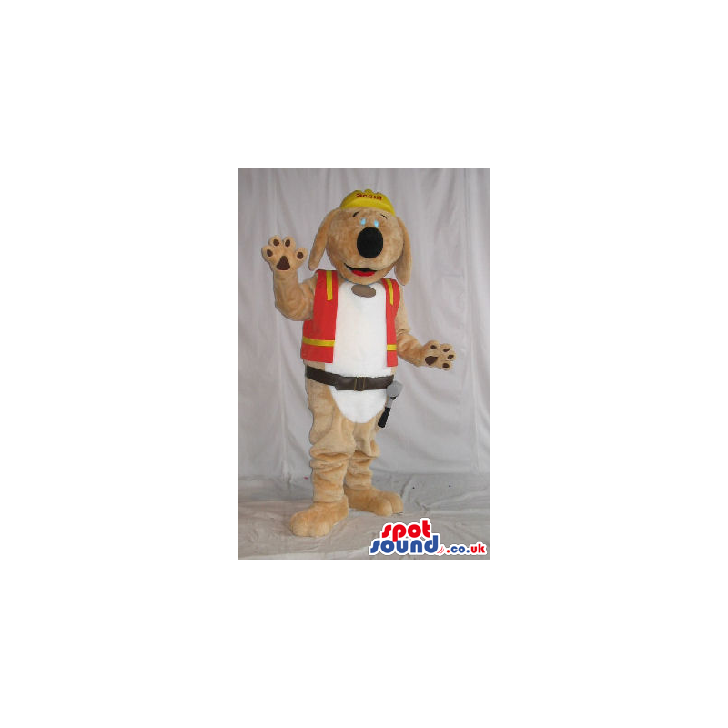 Brown Dog Plush Mascot Wearing A Worker Vest And Tools - Custom