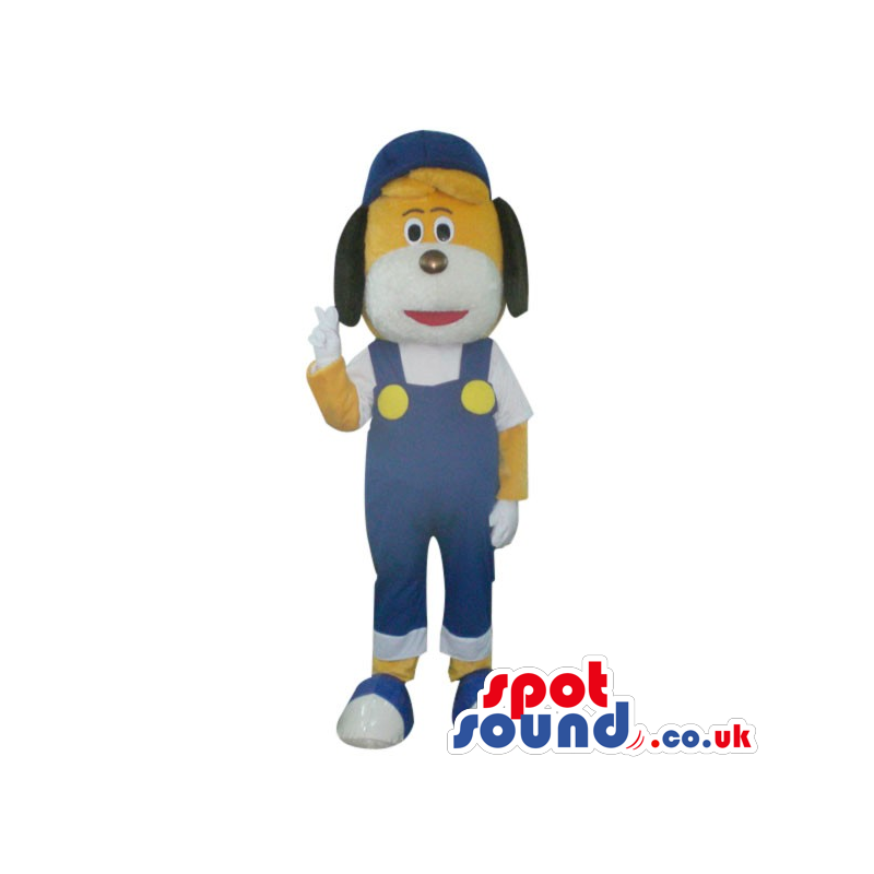 Yellow Dog Plush Mascot Wearing Blue Overalls And A Cap -