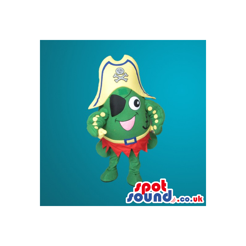 Green Octopus Wearing A Pirate Hat And Eye-Patch Mascot -