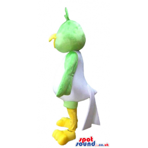 Happy green bird with big eyes, yellow beak, white belly and