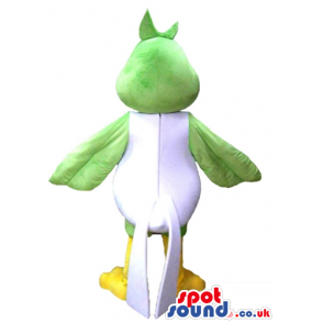 Happy green bird with big eyes, yellow beak, white belly and