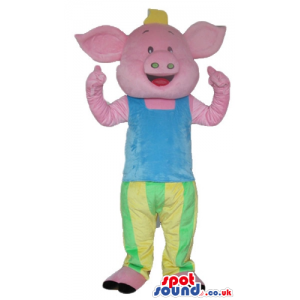 Happy pink pig wearing a yellow hat, a light-blue t-shirt and a